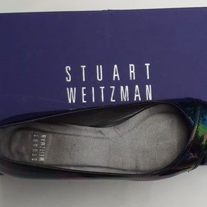 Oil-slick, leather, peep-toe flats